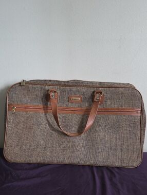 Vintage Samesonite Brown Woven Travel Duffel Bag with Leather Trim
